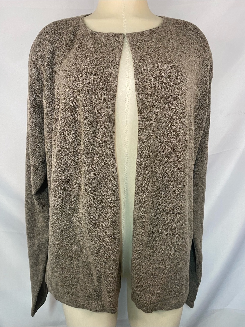 Linda Allard Ellen Tracy Wool Blend Open Taupe Knit Cardigan Women’s Size X